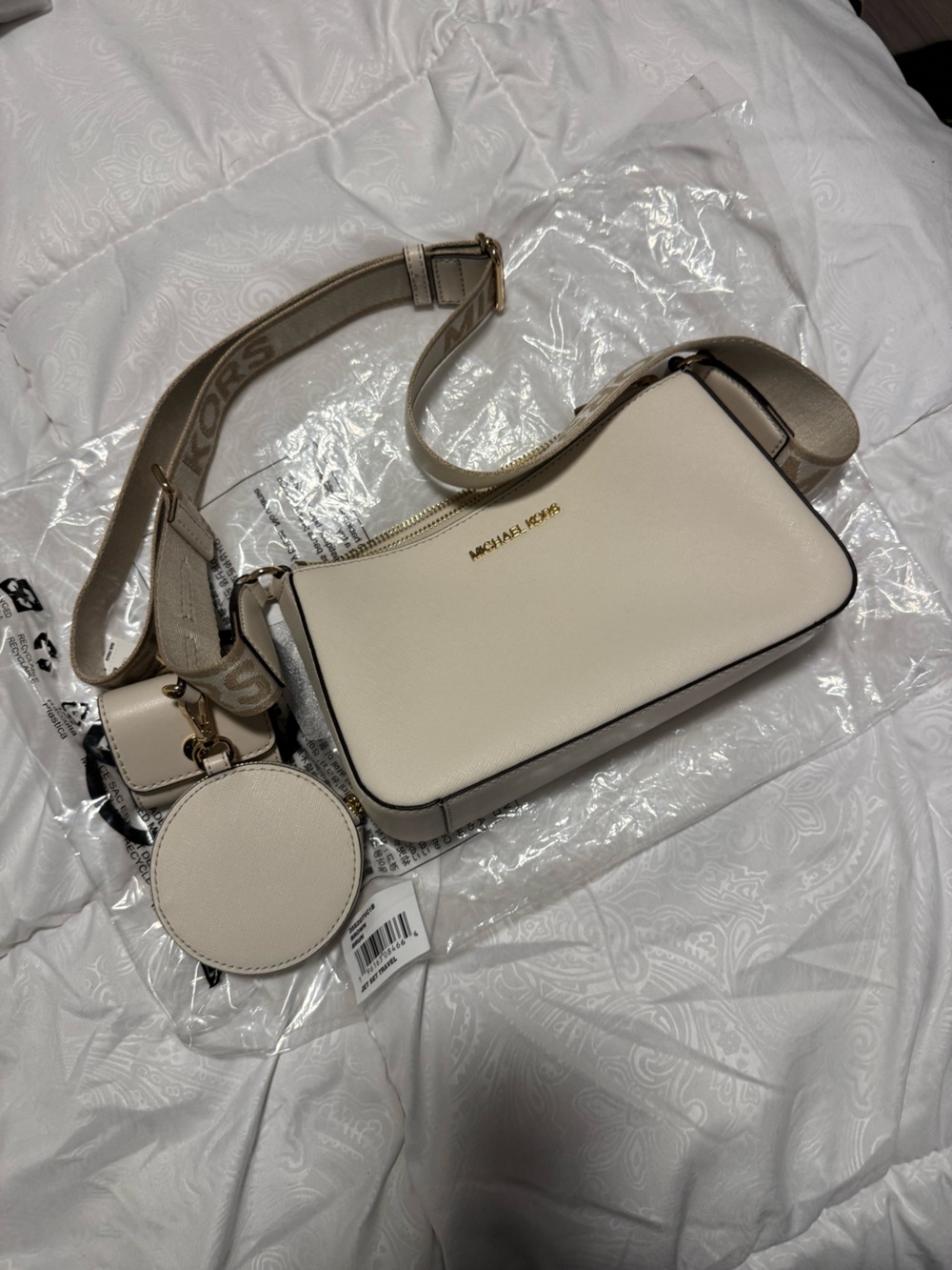 Michael Kors Cream Crossbody with Detachable Coin Pouch and Logo Strap